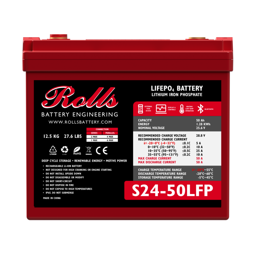 A red industrial battery with a label showing the brand Rolls Battery Engineering and various specifications like voltage, capacity, and protection features.