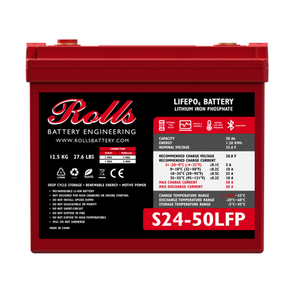 A red industrial battery with a label showing the brand Rolls Battery Engineering and various specifications like voltage, capacity, and protection features.