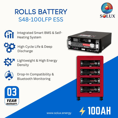SOLUX Rolls Battery S48-100LFP ESS promotional graphic showing the battery unit and a red rack with three stacked battery modules, plus feature callouts and a 3-year warranty badge.