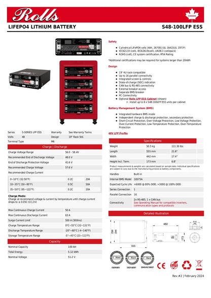 A technical datasheet page for a Rolls Lifepo4 Lithium Battery, model S48-100LF ESS. The page features product photos of the battery in different terminal configurations, safety instructions, specifications tables, and compliance icons on a white background.