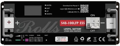 A front view of a Rolls S48-100LFP ESS lithium iron phosphate battery, featuring a black faceplate with white and red text, connection terminals, and control buttons.