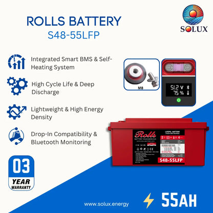 A promotional product graphic for a Rolls S48-55LFP battery. The main product shown is a red rectangular battery with a black label.