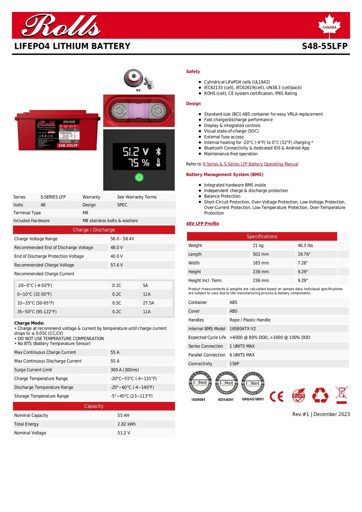 A technical datasheet page for a Rolls Lifepo4 Lithium Battery, model S48-SSLFP. The page features a product photo of the battery in a red and black casing, alongside extensive tables detailing specifications, safety, and environmental ratings.
