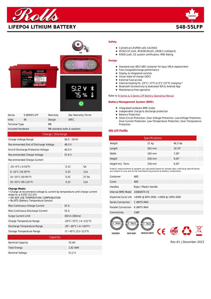 A technical datasheet page for a Rolls Lifepo4 Lithium Battery, model S48-SSLFP. The page features a product photo of the battery in a red and black casing, alongside extensive tables detailing specifications, safety, and environmental ratings.