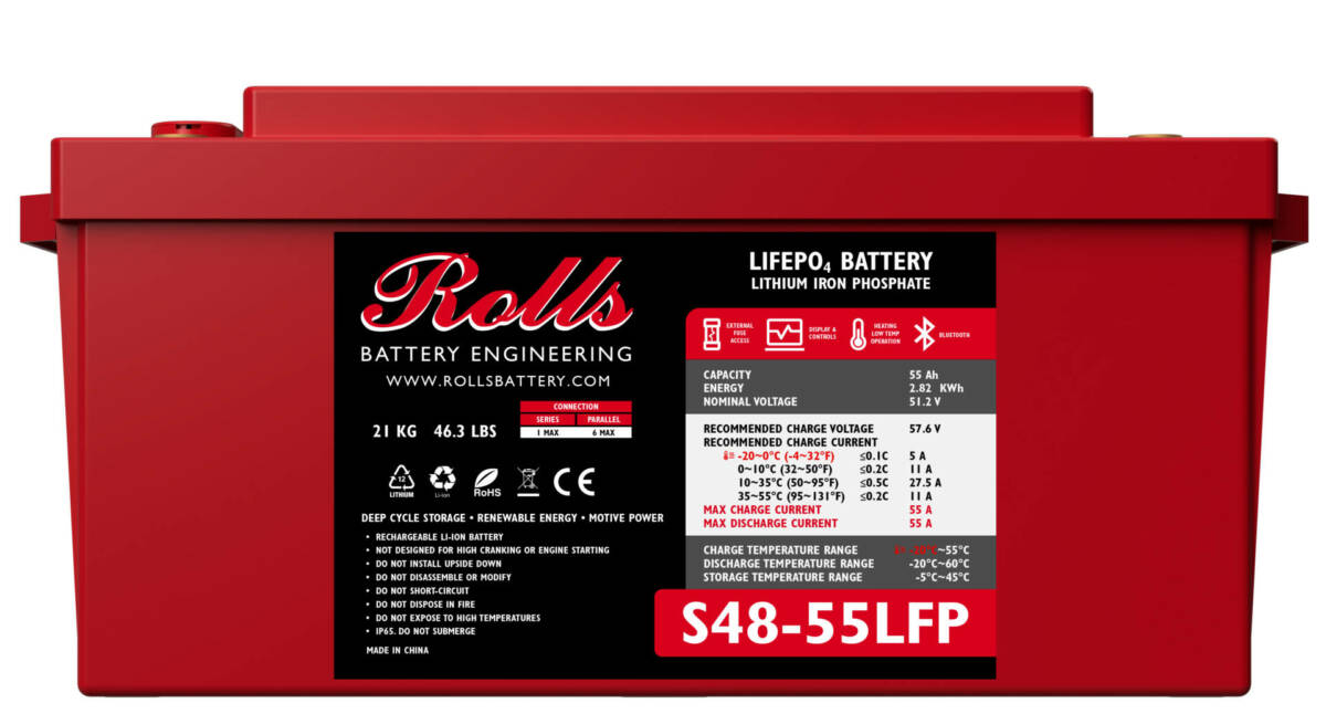 A red Rolls Lifepo4 Battery, model S48-55LFP, shown from a front-facing perspective against a plain white background.