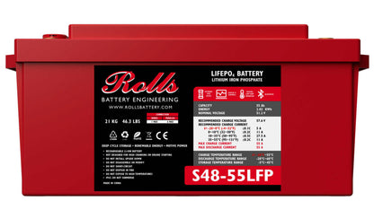 A red Rolls Lifepo4 Battery, model S48-55LFP, shown from a front-facing perspective against a plain white background.