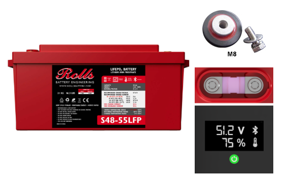 A red Roll LithFP battery shown on a white background, with inset detail photos of a M8 bolt and connector, the battery terminals, and a digital battery display screen.