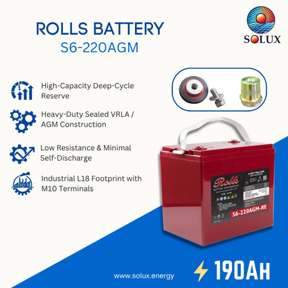 A promotional product graphic for a Rolls S6-220AGM battery. The battery itself is shown in the lower right as a red rectangular unit with a white handle and black label.
