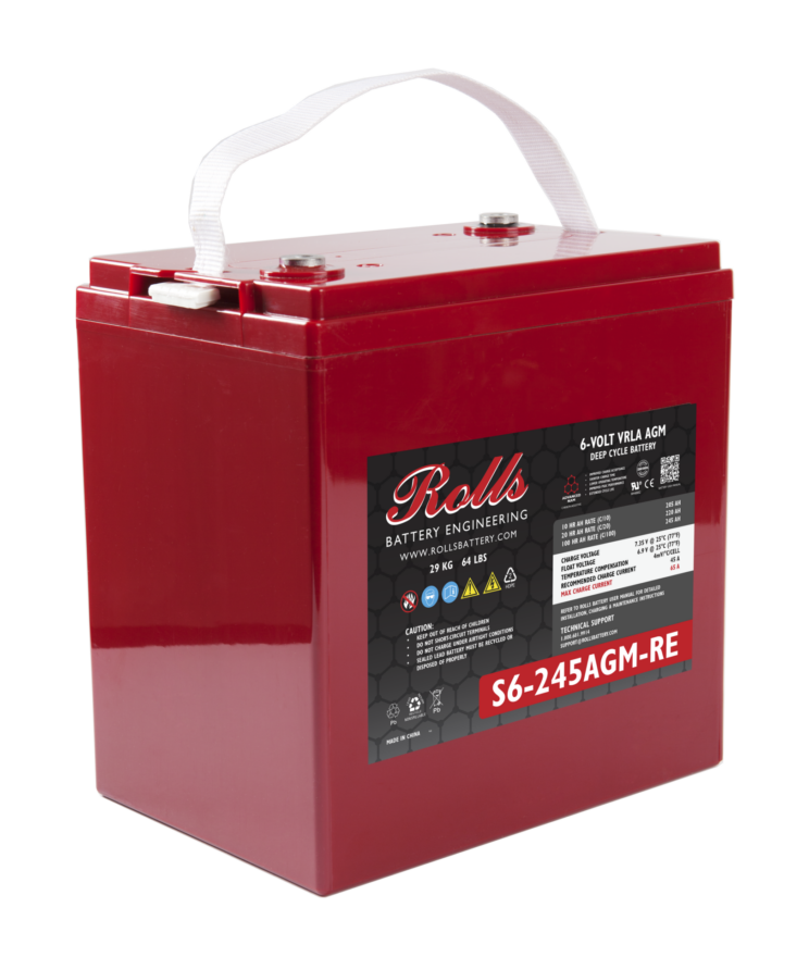 Rolls Surrette S6-245AGM 220Ah 6VDC AGM Deep Cycle Battery. A red Rolls Surrette S6-245AGM 6VDC AGM Deep Cycle Battery with white handles and branding on the side.