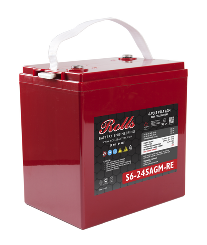 Rolls Surrette S6-245AGM 220Ah 6VDC AGM Deep Cycle Battery. A red Rolls Surrette S6-245AGM 6VDC AGM Deep Cycle Battery with white handles and branding on the side.