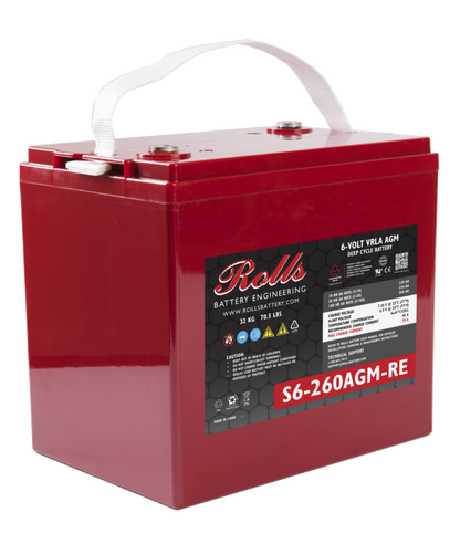Rolls Surrette S6-260AGM 234Ah 6VDC AGM Deep Cycle Battery. A red 6VDC AGM deep cycle battery with a white handle and black labeling, including specifications and brand name.