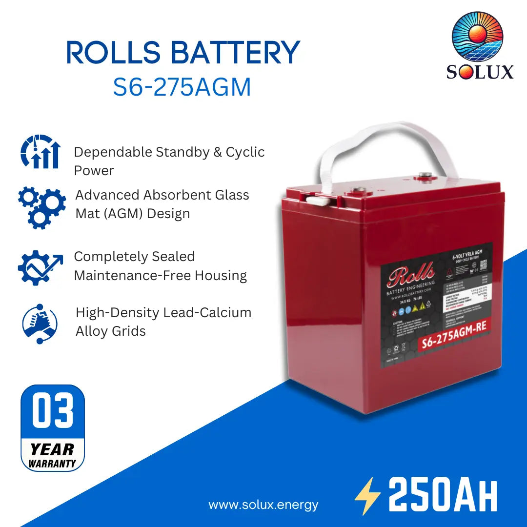 A red Rolls S6-275AGM battery by Solux, shown on a white and blue promotional graphic with product features and a 3-year warranty badge.