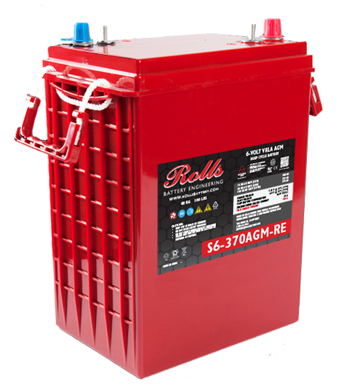 Rolls Surrette_S6-370AGM 335Ah 6VDC AGM Deep Cycle Battery. A red Rolls Surrette S6-370AGM 6VDC 335Ah AGM Deep Cycle Battery with blue terminals, mounted on a surface.