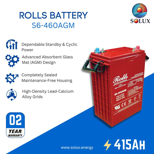 A red Rolls S6-460AGM battery shown on a white and blue promotional graphic with product features, a 2-year warranty badge, and the Solux logo.