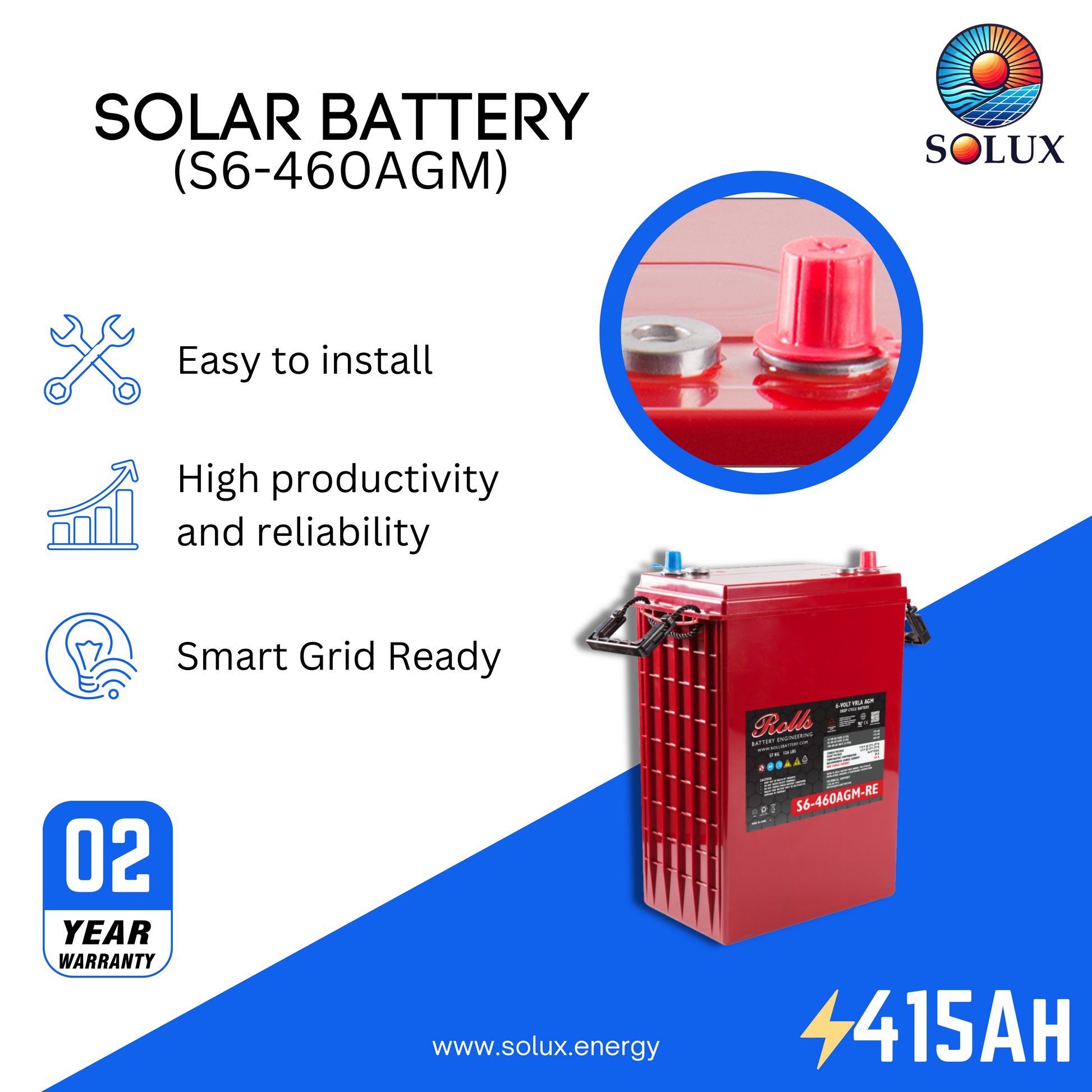 The rolls surrette s6-460agm battery is a high-capacity deep cycle AGM battery, ideal for larger renewable energy systems and demanding applications.