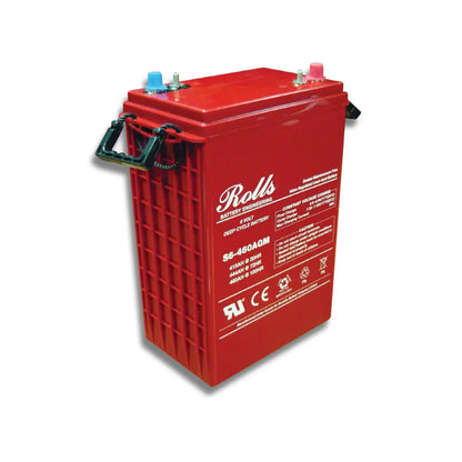 A red Rolls battery with a ribbed side, white printed text, and blue and red terminal caps on top, shown on a plain white background.