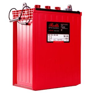 Rolls Surrette S6-L16 390Ah 6VDC Flooded Deep Cycle Battery, A red 6VDC flooded deep cycle battery with a label indicating it is a Rolls Surrette product.