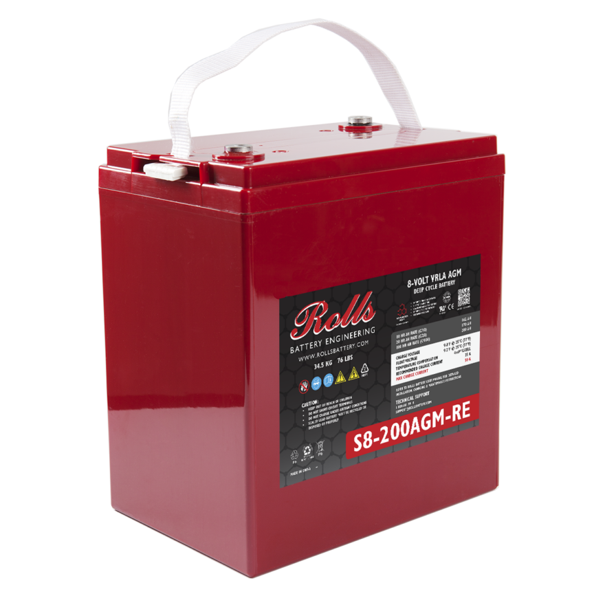 A red AGM deep cycle battery with white terminals and a carrying handle on top.