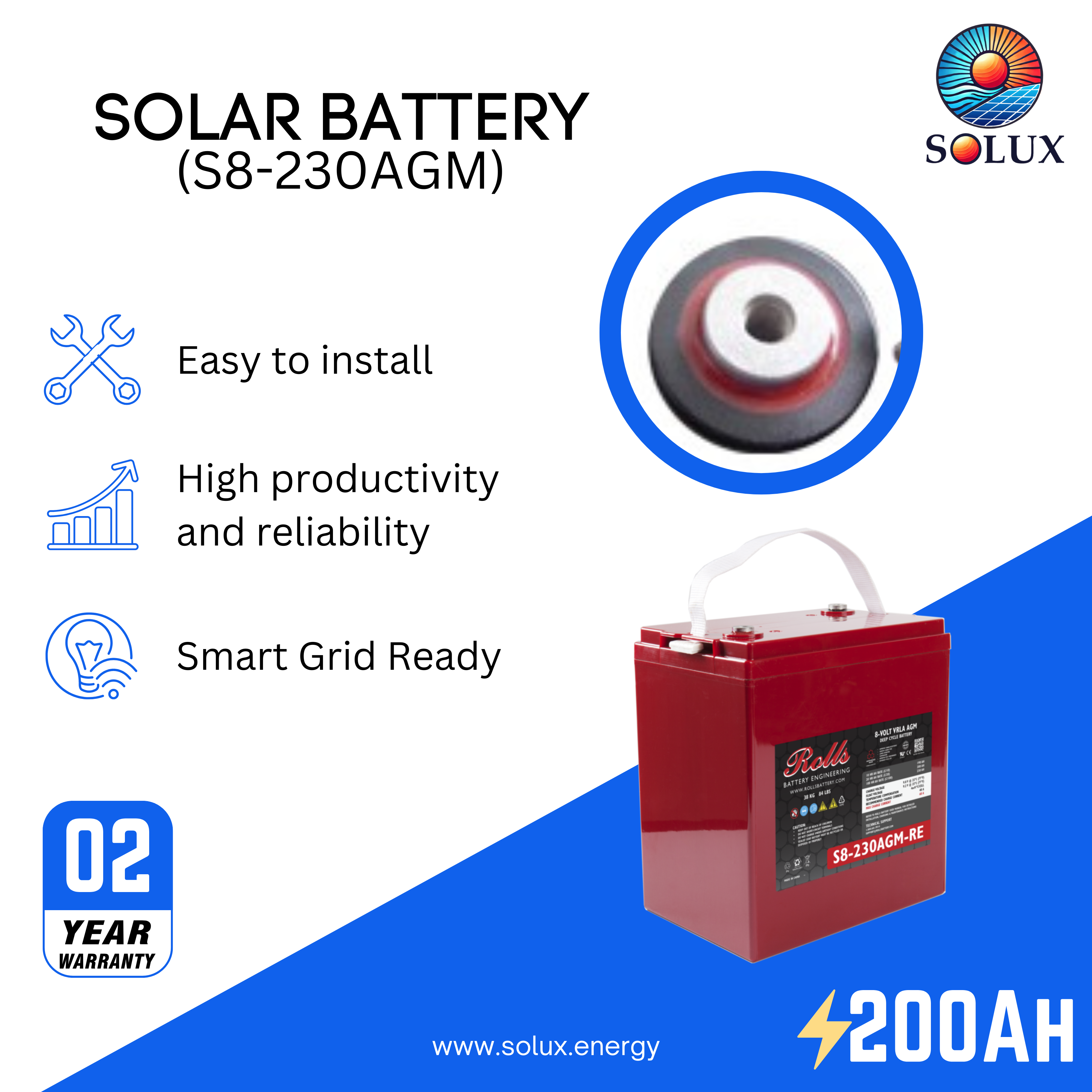 The rolls surrette s8-230agm battery is a reliable and high-performance deep cycle AGM battery, ideal for a variety of applications, including renewable energy systems, RVs, and boats.