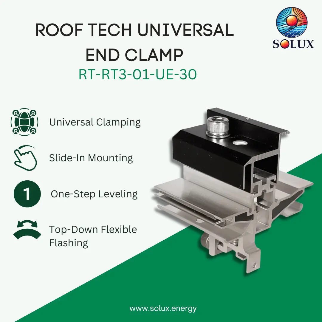 SOLUX Roof Tech Universal End Clamp RT-RT3-01-UE-30 shown on a white and green graphic background with product features listed on the left.