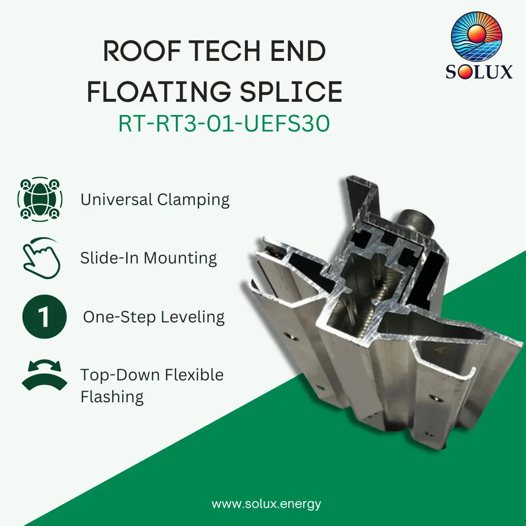 SOLUX Roof Tech End Floating Splice RT-RT3-01-UEFS30 aluminum profile connector shown on a green and white graphic background with product features listed on the left.