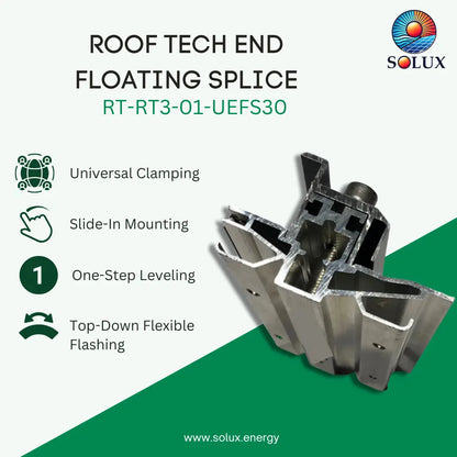 SOLUX Roof Tech End Floating Splice RT-RT3-01-UEFS30 aluminum profile connector shown on a green and white graphic background with product features listed on the left.