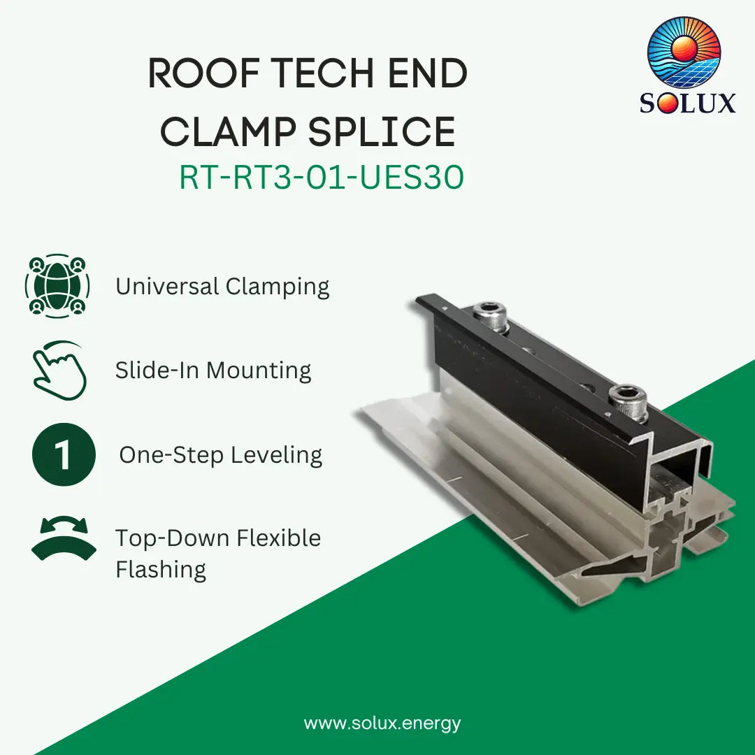 Promotional graphic for Solux Roof Tech End Clamp Splice RT-RT3-01-UES30, showing a metal aluminum clamp splice component on a white and green background with feature icons and text.