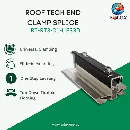 Promotional graphic for Solux Roof Tech End Clamp Splice RT-RT3-01-UES30, showing a metal aluminum clamp splice component on a white and green background with feature icons and text.