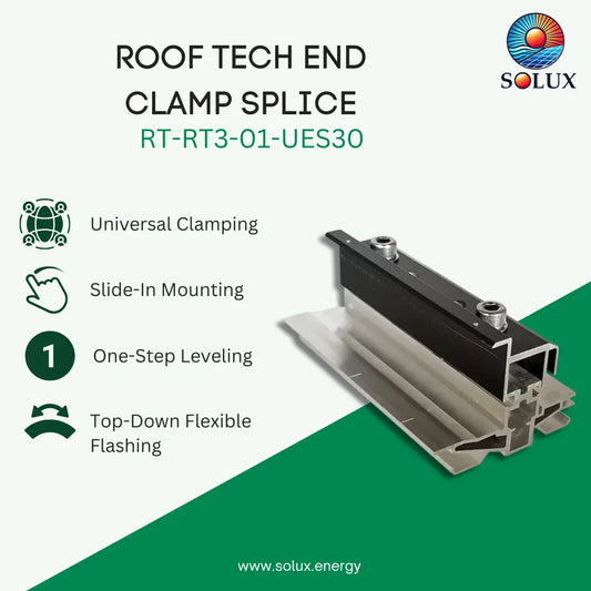 Promotional graphic for Solux Roof Tech End Clamp Splice RT-RT3-01-UES30, showing a metal aluminum clamp splice component on a white and green background with feature icons and text.