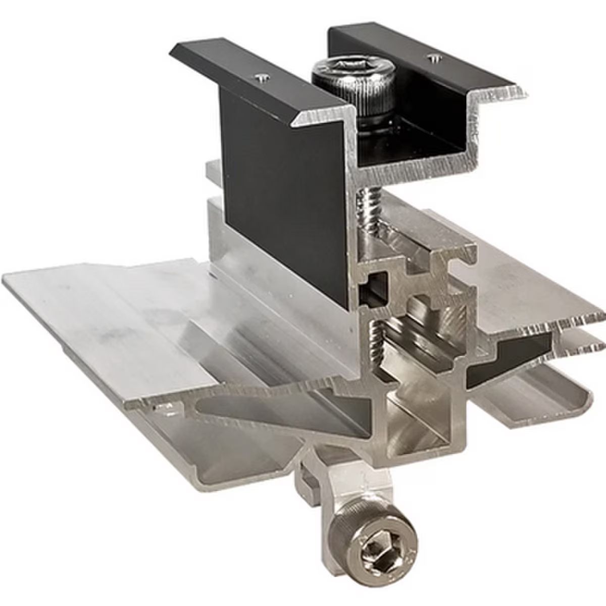 Metal window frame section with screws on a white background