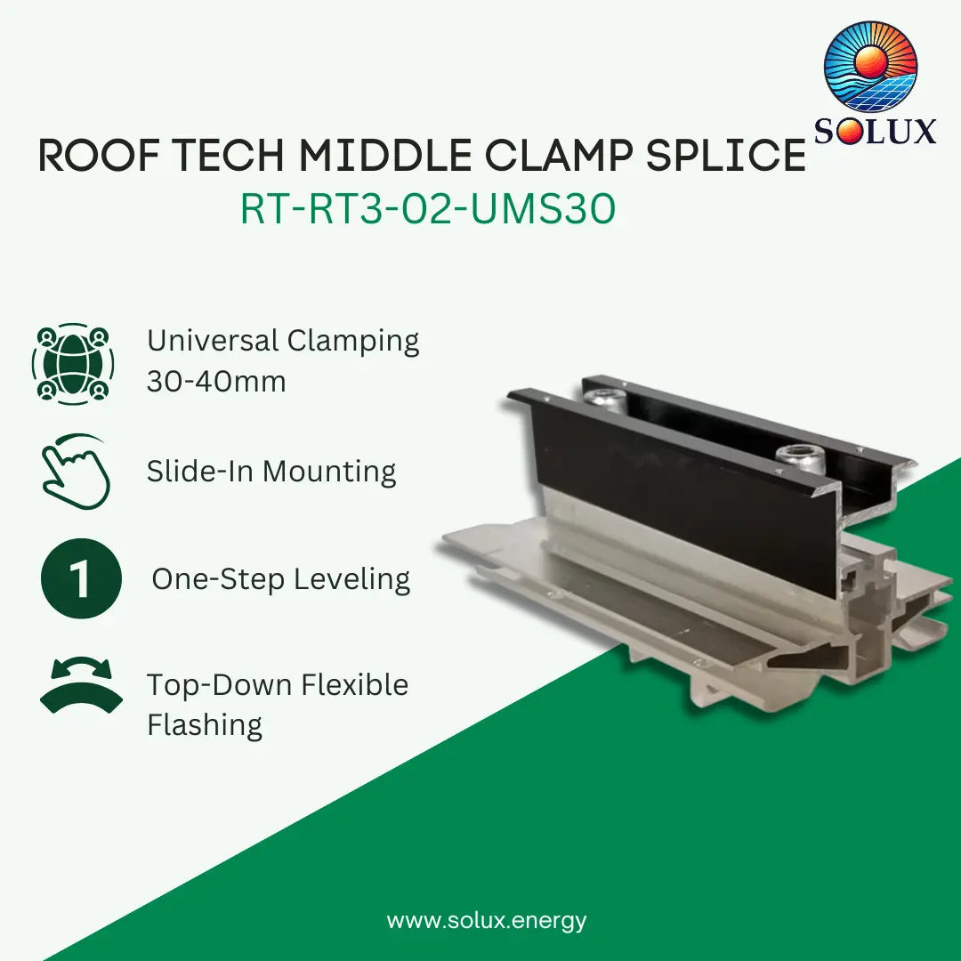 Roof Tech Middle Clamp Splice RT-RT3-02-UMS30 by Solux, shown as a metallic aluminum profile joint with black clamping plates. The image includes product specifications, icons, and a green and white background with the Solux logo.