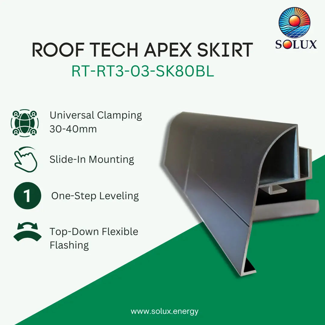 Promotional graphic for the Solux Roof Tech Apex Skirt, model RT-RT3-03-SK80BL. The image features a 3D rendering of the dark gray metal profile on a split white and green background, accompanied by text highlighting key installation features: 'Universal Clamping 30-40mm', 'Slide-In Mounting', 'One-Step Leveling', and 'Top-Down Flexible Flashing'.