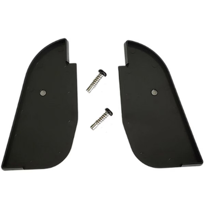 Two black plastic components with screws on a white background
