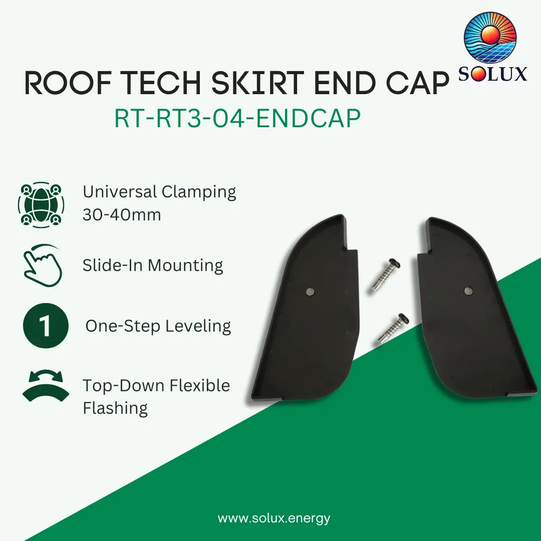 Roof tech skirt end cap kit by Solux, featuring two black curved end caps and two mounting screws on a split white and green background with product features listed on the left.
