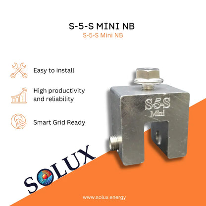 S-5-S Mini NB solar panel connection device with Solux branding on an orange and white background.