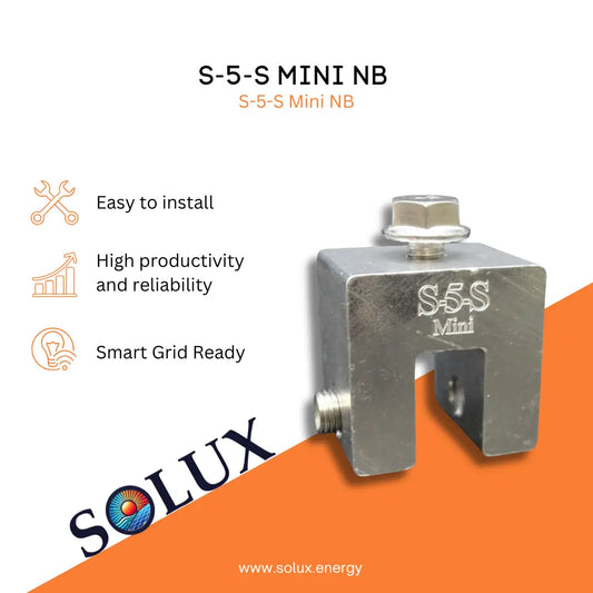 S-5-S Mini NB solar panel connection device with Solux branding on an orange and white background.