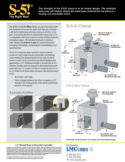 Advertisement for S-5! clamps with technical details and measurements.