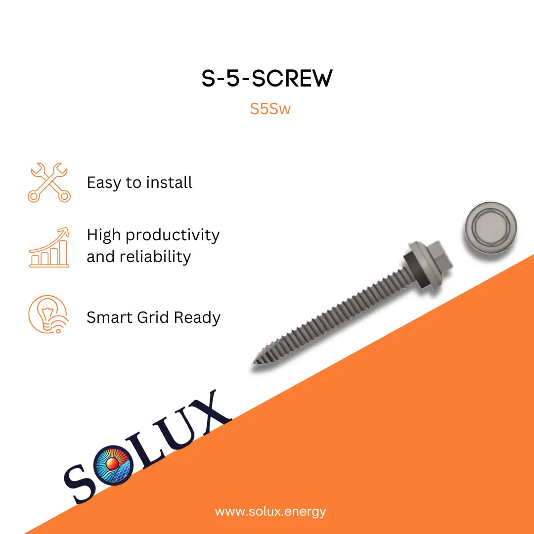 S-5 Screw with Solux branding and features on a white and orange background