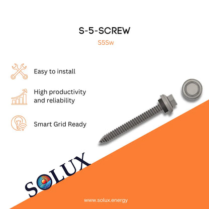 S-5 Screw with Solux branding and features on a white and orange background