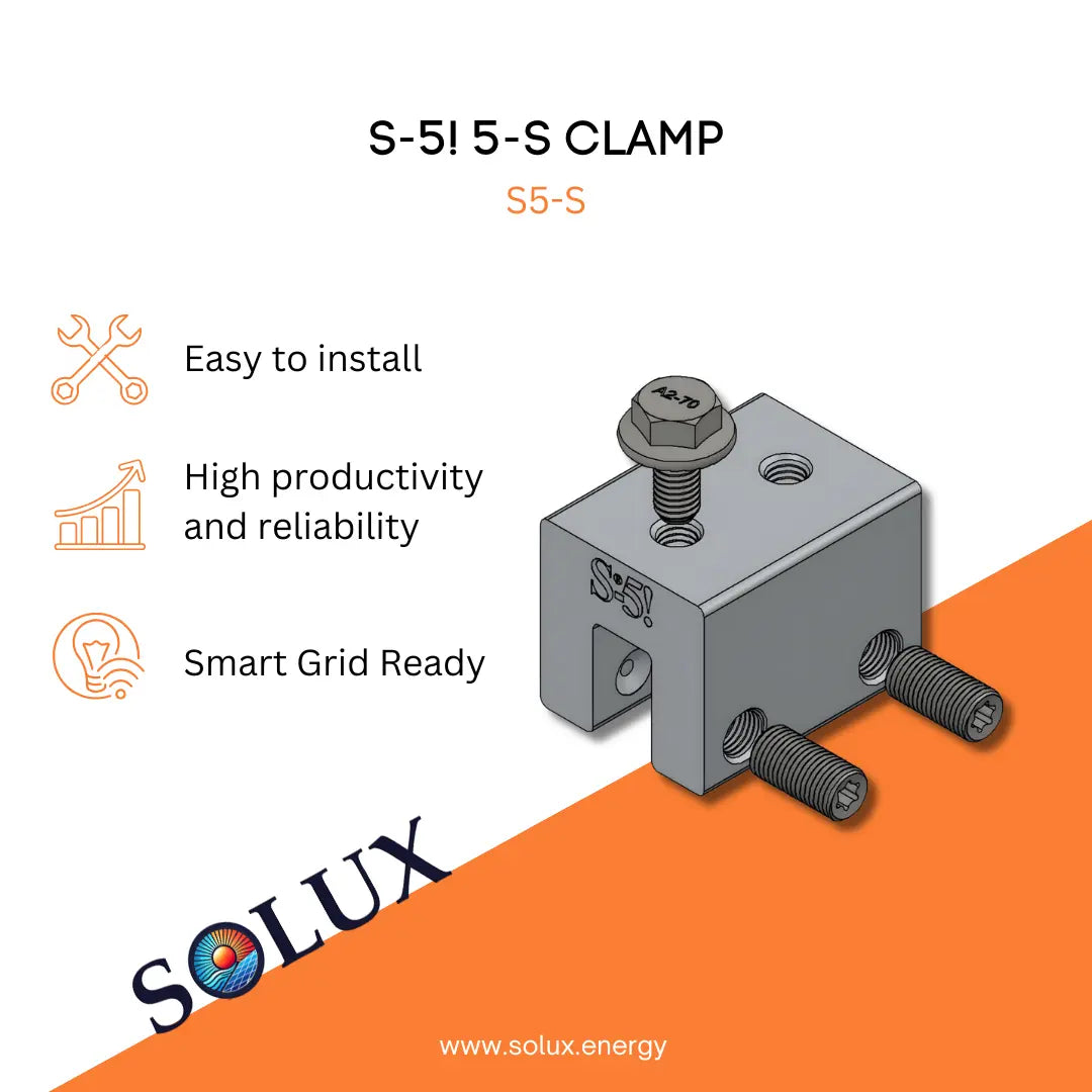 S-5! 5-S Clamp with Solux logo and product features on a white and orange background