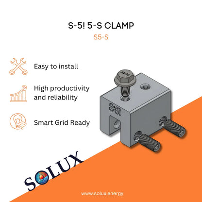 S-5! 5-S Clamp with Solux logo and product features on a white and orange background