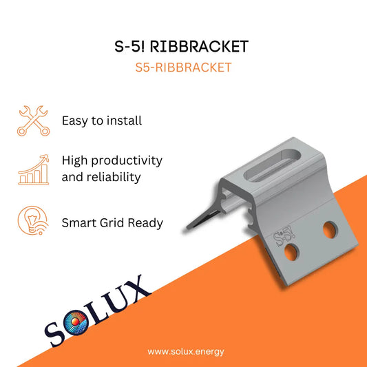S-5! RibBracket with Solux logo and product features on a white and orange background