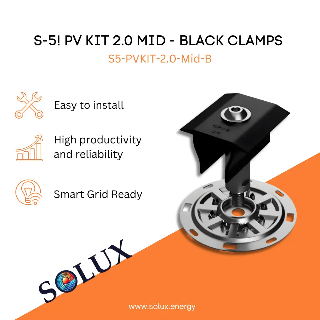 S-5! PV Kit 2.0 Mid Black Clamps with Solux logo and product features on a white and orange background.