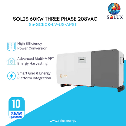 Solis 60kW Three Phase 208Vac Eight MPPT w/ AFCI w/ APS - 10 Year Warranty