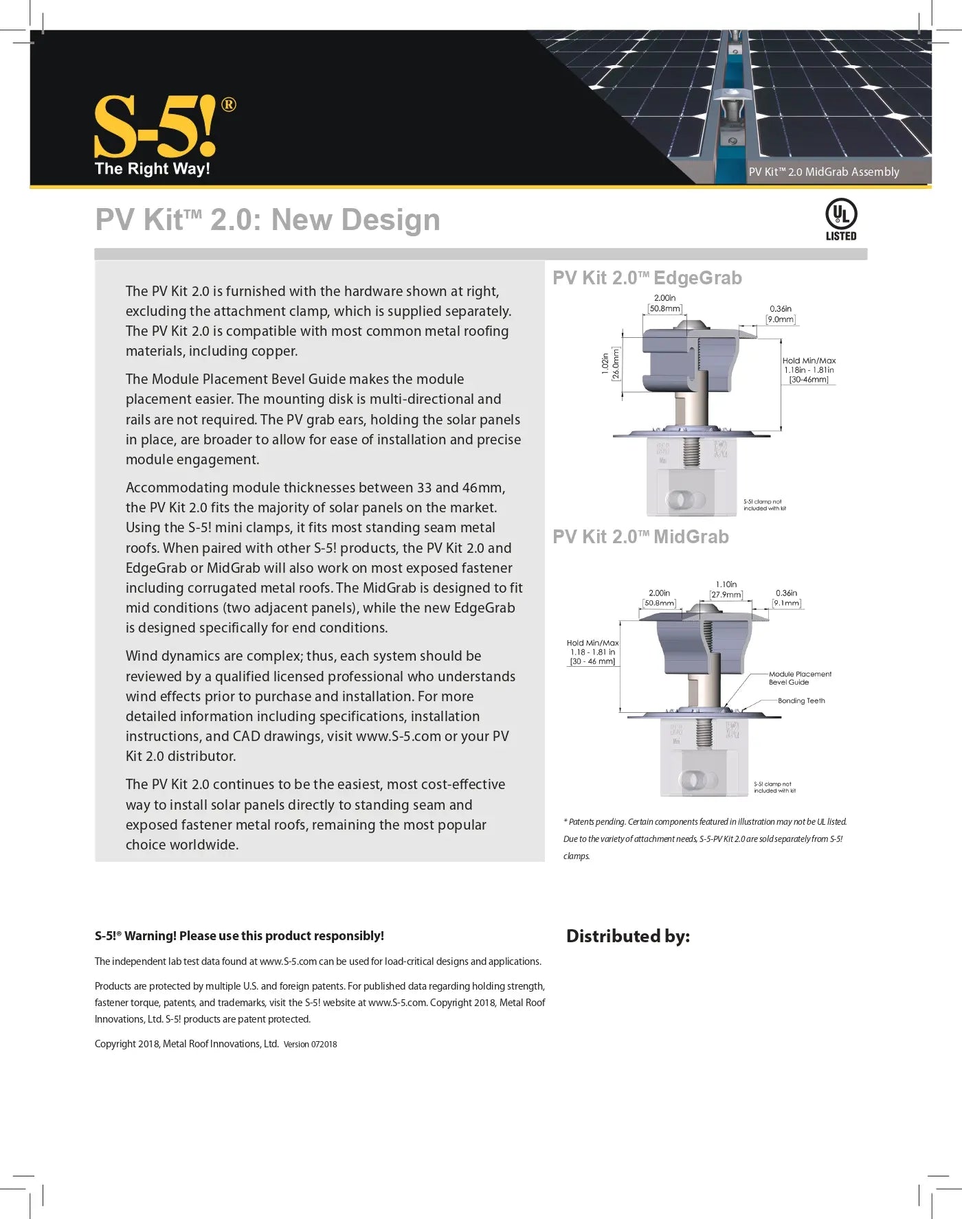 Technical brochure or flyer for S-5! PV Kit 2.0 with diagrams and text.