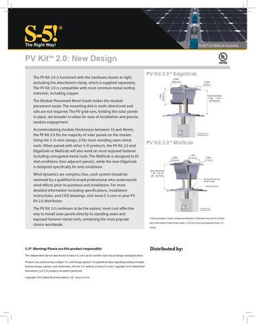 Technical brochure or flyer for S-5! PV Kit 2.0 with diagrams and text.