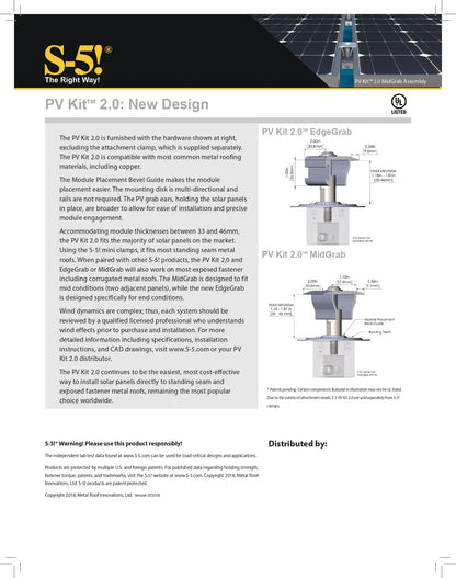 Technical brochure or flyer for S-5! PV Kit 2.0 with diagrams and text.