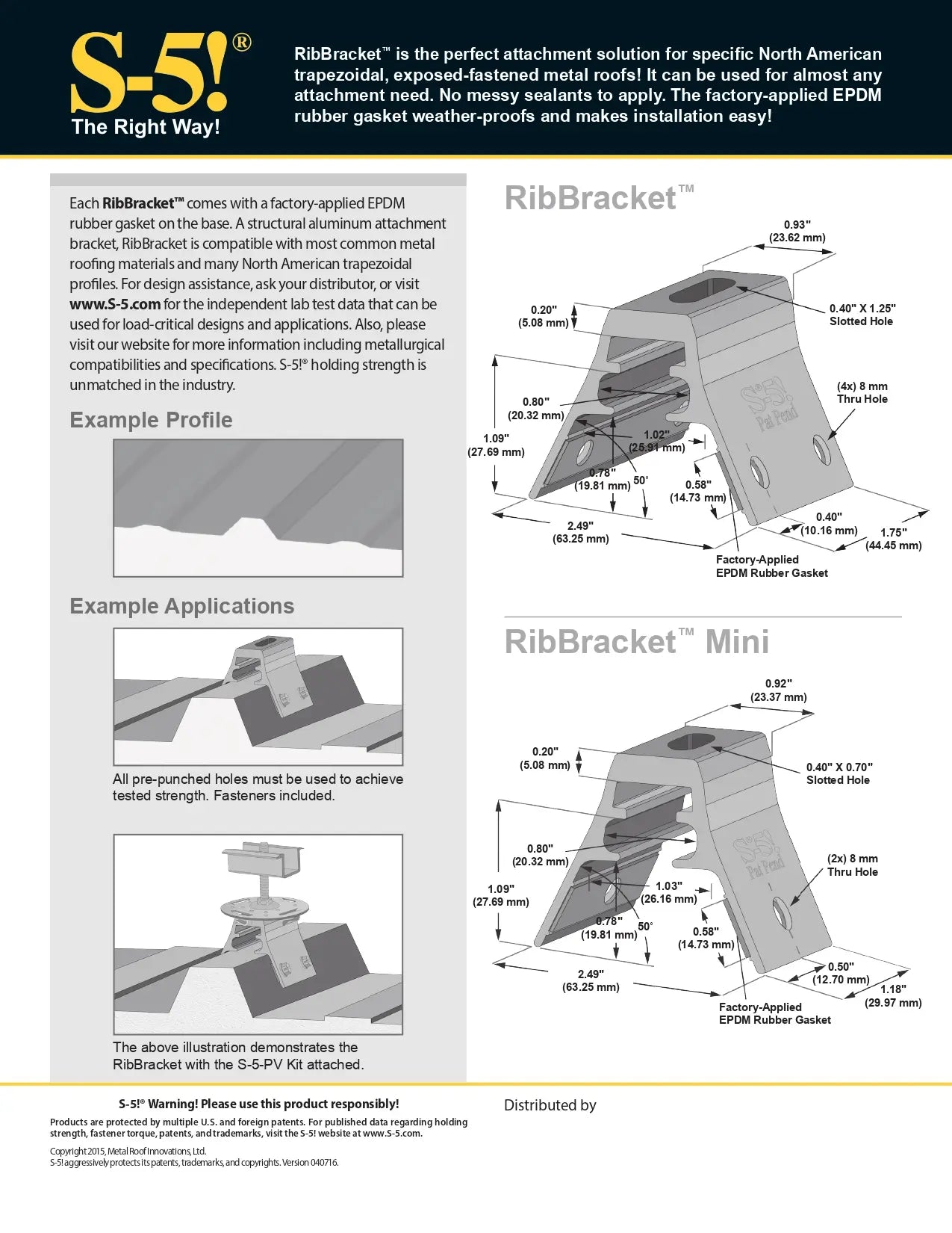 Technical diagram and specifications of S-5! RibBracket attachment solution for metal roofs.