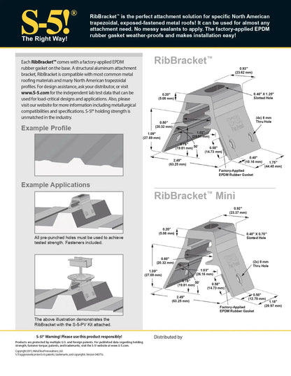 Technical diagram and specifications of S-5! RibBracket attachment solution for metal roofs.