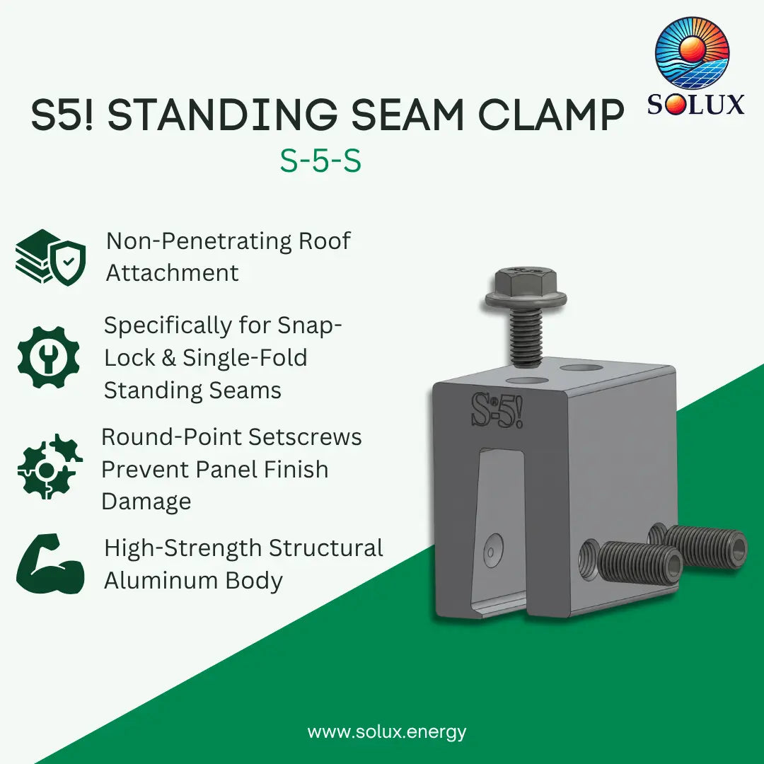 SOLUX S5! Standing Seam Clamp S-5-S shown on a light green and dark green graphic background with product feature icons and text.
